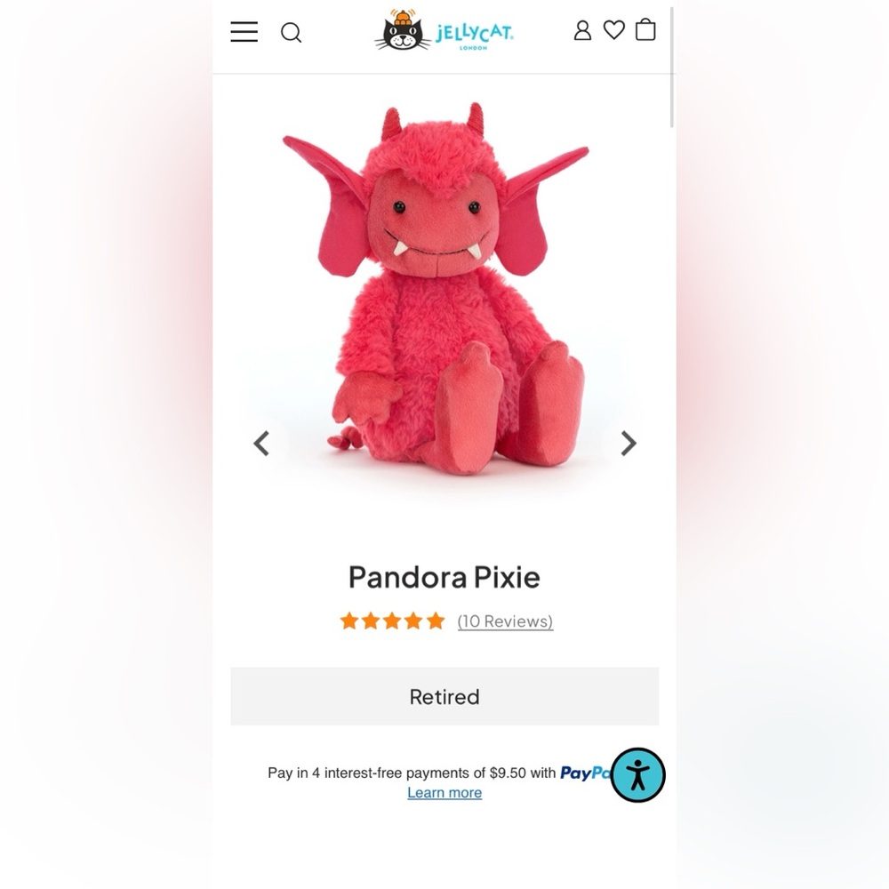 BNWT Jellycat Pandora Pixie Plush - Bright Red